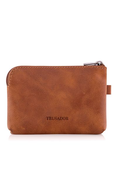 Trusador Milano Tan με φερμουάρ Mini Size Pouch Πορτοφόλι Unisex Γνήσιο δέρμα Rfid Protected