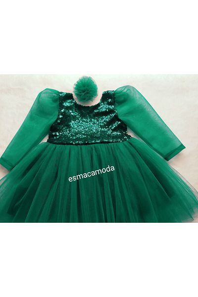 esmacamoda Rochie de fetiță cu mânecă lungă din tul verde
