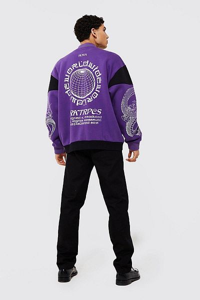 NEWLAKER Unisex Oversize Purple Printed Bomber College Jacket