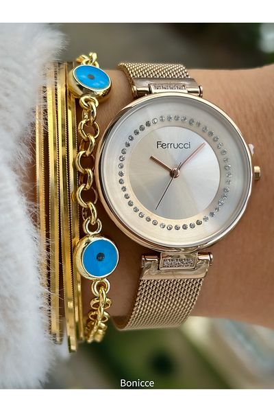 Ferrucci Rose Color, Metal Straw Cord Waterproof Guaranteed Women's Wrist Watch Bracelet