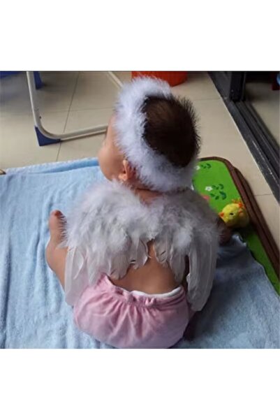 Beauty Box Beyaz Tüylü Bebek Melek Kanadı ve Tacı Selfie Kostümü Cosplay Guar...