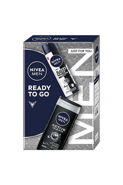 NIVEA Men set: Active Clean Shower gel 250 ml, Deodorant Spray Invisible Black- White Power 150 ml