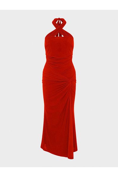RİVUS Low Back Halter Neck Slit Dress - Red