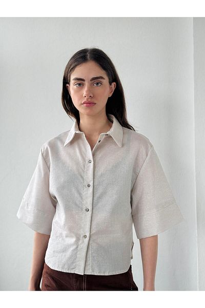 Retrobird Women's Retro Short Sleeve Shirt - Light Glitter, Cream Gold