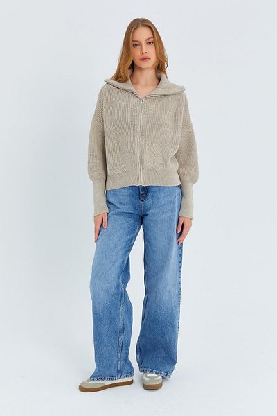 Mixray 6919 Women's Zippered Turtleneck Sweater Cardigan Stone