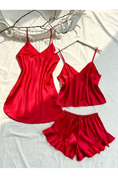 Ladnie iç giyim Kadınların Seksi Düz Saten 3'lü Pijama Takımı, V Yaka Sırtı Açık Elbise & Kolsuz Üst & Volanlı Şort