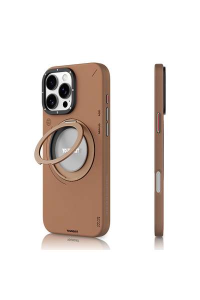 Youngkit iPhone 16 Pro Max Kılıf Magsafe Özellikli 360 Standlı Deri Desenli Youngkit Tech Leather Serisi