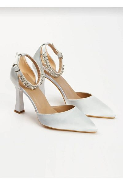 Famels Silver Ankle Stone, Satin Heeled Evening Dress Shoes and Zircon Stone Chain and Armlet Bag Set