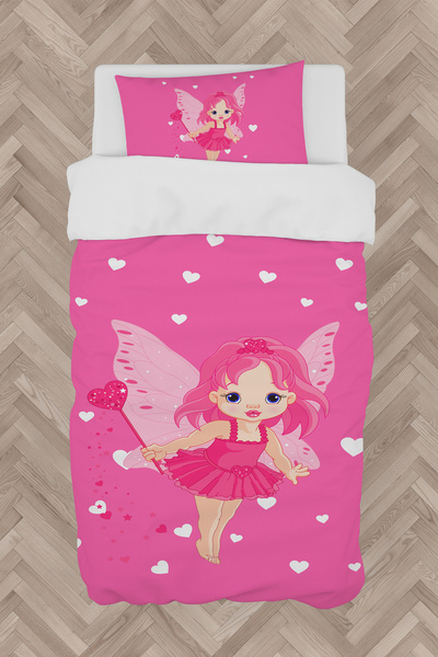 BAMBAŞKA MODA طقم غطاء لحاف منقوش على شكل فتاة خرافية وقلب لغرفة الأطفال والر...