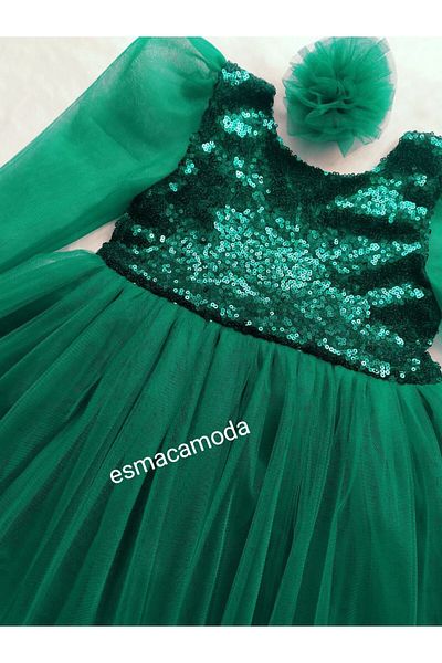 esmacamoda Rochie de fetiță cu mânecă lungă din tul verde