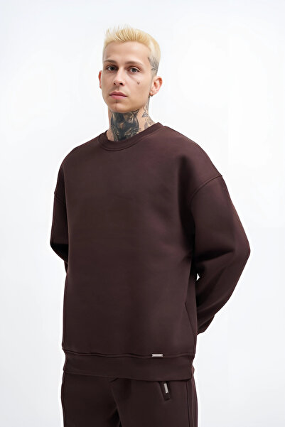 YAKAMEL Men's Oversize 3 Thread Raster Long Sleeve Crew Neck Sweatshirt