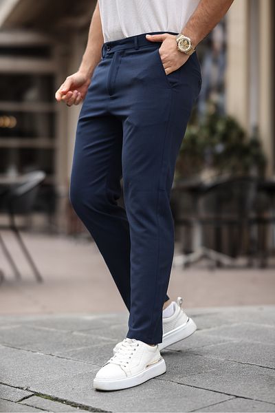 Mero Life Pantaloni din țesătură lycra flexibili de calitate, cu tăietură italiană, albastru marin, slim fit, până la glezne