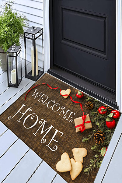 alcahome Alcadizayn Welcome Home Yazılı Hediye Paketi Desenli Yıkanabilir Yılbaşı Kapı Önü Paspası