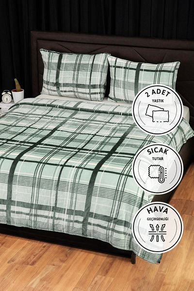 FAVORA Double Woolly Bedspread Set - 3 Pieces, Green
