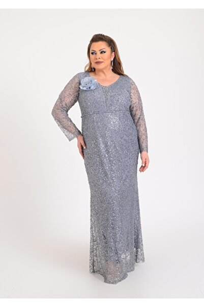 LİLAS XXL Büyük Beden Glitter Baskı Gri Renkli Uzun Kollu Uzun Abiye Elbise