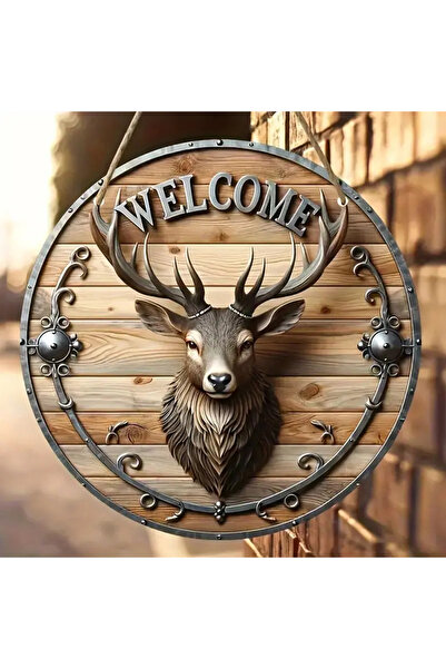 Dekor Vagonu Çekici Yuvarlak Ahşap Geyik Başlı Hoş Geldiniz Tabelası - Ev, Çiftlik, Bahçe, Bar veya Giriş Dekoru