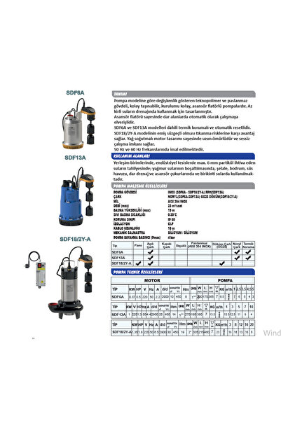 Sumak SDF6A Drenaj Dalgıç Pompa Paslanmaz Gövdeli MONOFAZE (220 V) 0.33 KW - 0.5 HP