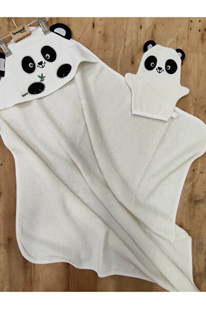 Tomuycuk %100 Pamuklu & Başlıklı Bebek Banyo Havlusu - Panda Nakışlı & Keseli Havlu Seti - Yumuşak & Su Emici