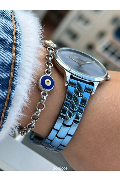 Ferrucci Marka Mavi Renk Çelik Kordon , Gümüş Renk Kasa Kadın Kol Saati+Bileklik