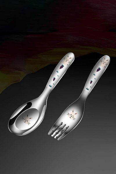Chavin 316 Steel Rabbit Print Baby & Kids Spoon and Fork Set Cin616