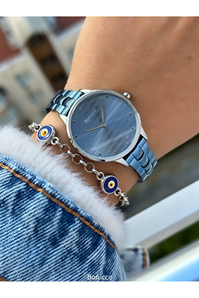 Ferrucci Marka Mavi Renk Çelik Kordon , Gümüş Renk Kasa Kadın Kol Saati+Bileklik