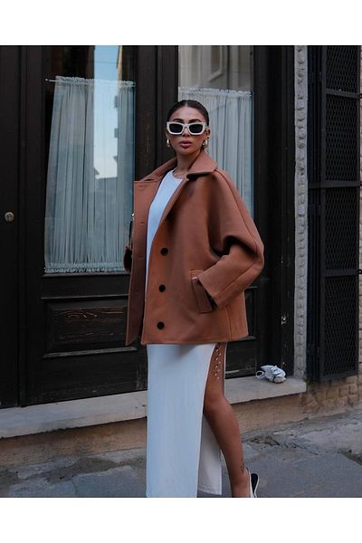FMN Collection Women's Gabardine Stamp Coat - Button Detail, Pocket, Lined, Mid-Length Trend Pinterest Coat