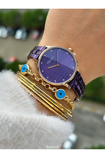 Ferrucci Marka MOR Renk Çelik Kordon, Gümüş Renk Kasa kadın Kol Saati + Bileklik