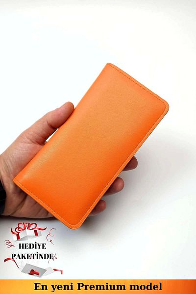 VANİLLA COLLECTİON Unisex Leather Long Portfolio Card Holder Orange Wallet with Phone Compartment