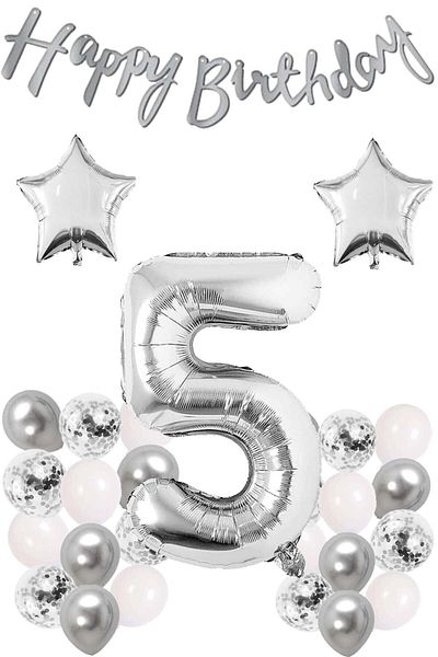 Ezgi Party Store Silver Concept Σετ γιορτής γενεθλίων 5 ετών Λευκό ασημί καραμέλα με μπαλόνι αριθμός αστέρι φύλλο και πανό