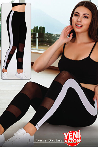 Jenny Daphne Yandan Beyaz Şeritli ve Dizler Fileli 38-44 Beden Arası Şık Kadın Tayt