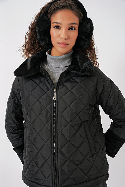 Bigdart 5202 Peluş Detaylı Kapitone Mont - Siyah