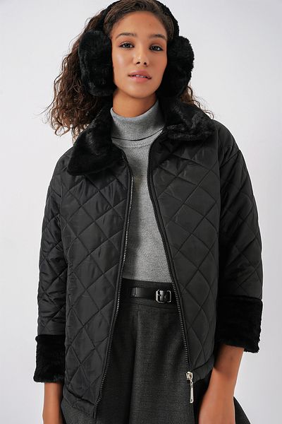 Bigdart 5202 Plush Detailed Quilted Coat - Black