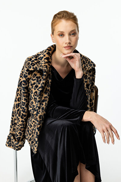 Ekol Leopar Desenli Peluş Mont Camel