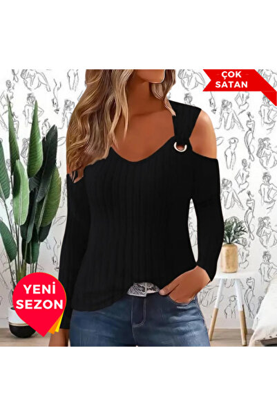 StilVibe Γυναικεία μακρυμάνικη μπλούζα με λεπτομέρεια με ανοιχτό ώμο, χοντρή ...