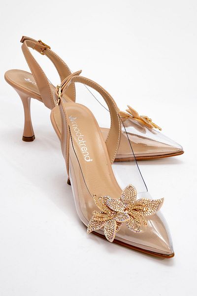 Ccway Pantofi cu toc de damă cu detaliu de piatră cu model floral transparent - TEN SKIN