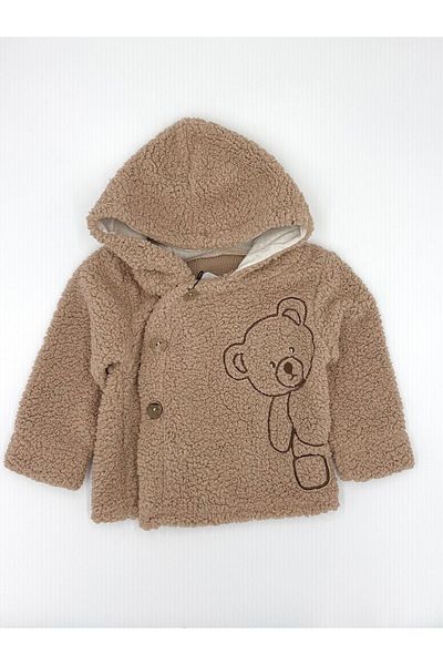 VOY KİDS Welsoft Plush Baby Embroidered Hooded Winter Cardigan-Jacket R1436