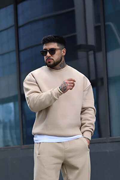 YAKAMEL Erkek Oversize 3 İplik İçi Pamuklu Uzun Kollu Bisiklet Yaka Kazak