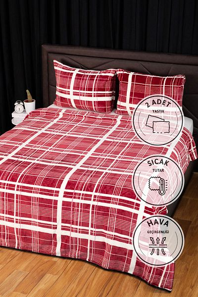 FAVORA 3 Pieces Woolly Double Blanket Bedspread Set - Burgundy