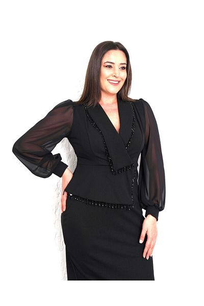 Şirin Butik Rochie de seară neagră de mărime mare pentru femei, cu guler de jachetă și detaliu de piatră