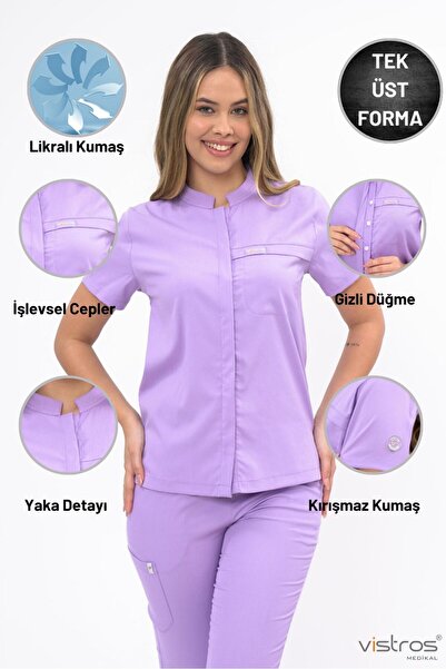 Vistros Medikal Premium Kumaş Gizli Cep Gizli Düğme Detaylı Likralı Scrubs Hemşire Doktor Üniforma (ÜST) V-004U