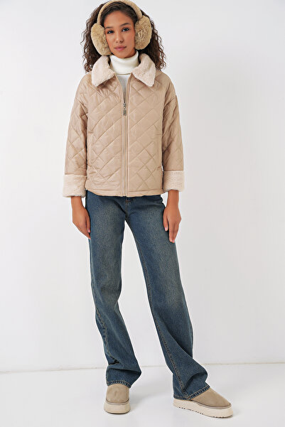 Bigdart Μπεζ 5202 Model Καπιτονέ Παλτό - Λεπτομέρεια από βελούδινο