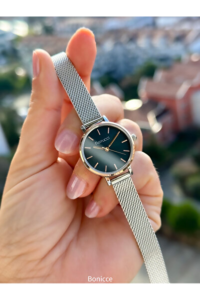 Ferrucci Brand Silver Color Steel Mesh Cord Navy Blue Dial Mini Case Women Wristwatch +Bracelet