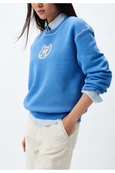 Tommy Hilfiger Bisiklet Yaka Logo Baskılı Dikiş Detay Sweatshirt