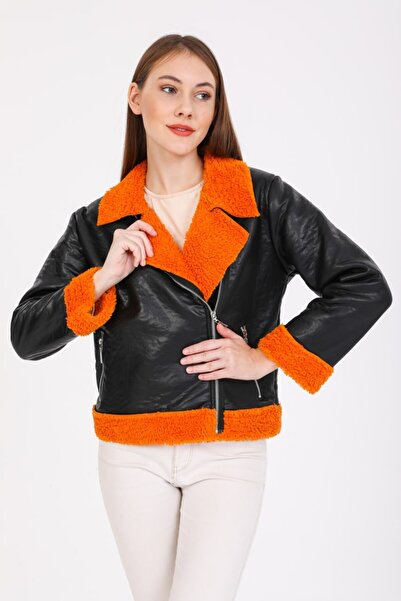 Reji Short Leather Coat with Fur Garnish