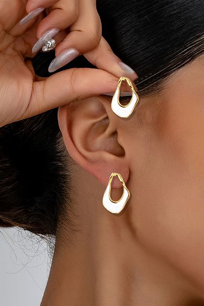 Glaren Asymmetric White Enameled Gold Color Women's Earrings