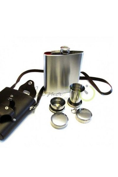 t camp Steel Flask Set - with Folding Glass, Leather Cover, Two Glasses