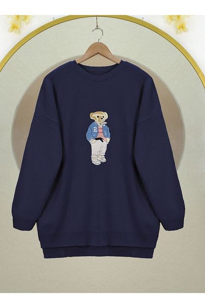 Modamorfo Teddy Bear Embroidered Back Long Knitwear Sweater -Laci