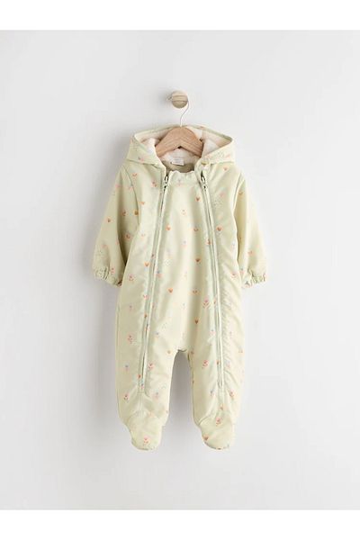 Next Baby Green Ditsy and Blue Dino- Patterned Baby One-Piece Hooded Romper