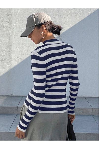 OPENEX Women's Black and White Striped Half Turtleneck Blouse Sweater