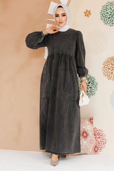 Neva Style Rochie Hijab Denim cu buzunare de culoare antracit - 19122ANT